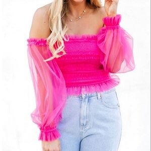Tea & Cup Pink Tulle Smocked Off Shoulder Top Long Sheer Balloon Sleeves Cropped